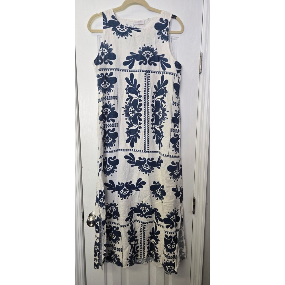 Spighe Di Lino Italy Linen Blend Blue Floral Tile Print Maxi Dress Womens Medium